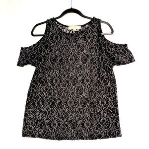 LOFT Women's Black Lace Cold Shoulder Sheer Top/Blouse Size M
